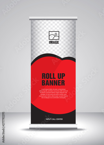 Red Roll up banner template vector, banner, stand, exhibition design, advertisement, pull up, x-banner and flag-banner layout, polygon background