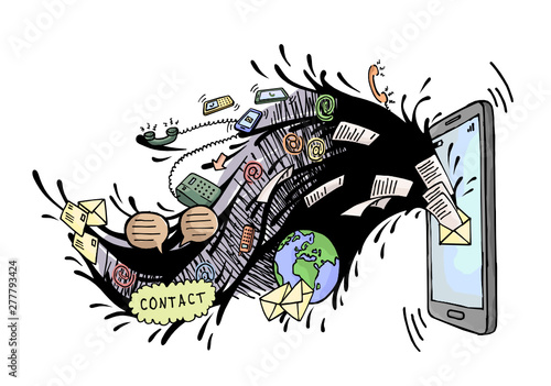 Kontakt. Ilustracja wektorowa telefonu z symbolami kontaktu