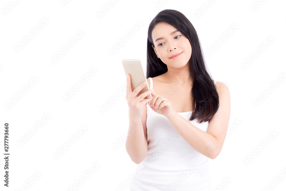 Beautiful of portrait asian young woman smile and happy talking calling with mobile phone isolated on white background, communication concept. Beautiful of portrait asian young woman smile and happy talking calling with mobile phone isolated on white background, communication concept.