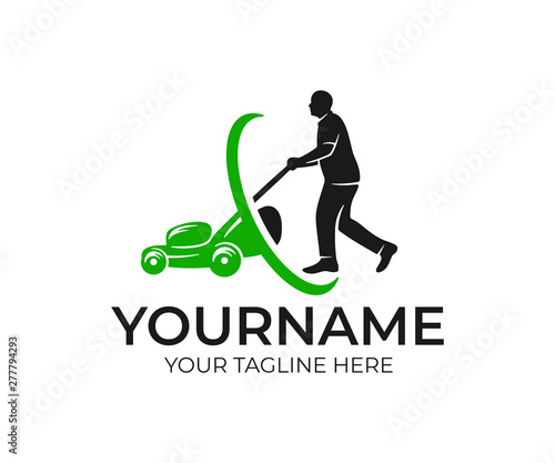 Lawnmower man and lawnmower, logo design. Landscape design and gardening, vector design and  illustration