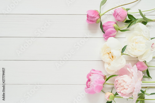 Fototapeta Naklejka Na Ścianę i Meble -  White and pink peonies flowers on white wooden background. Copy space, top view.