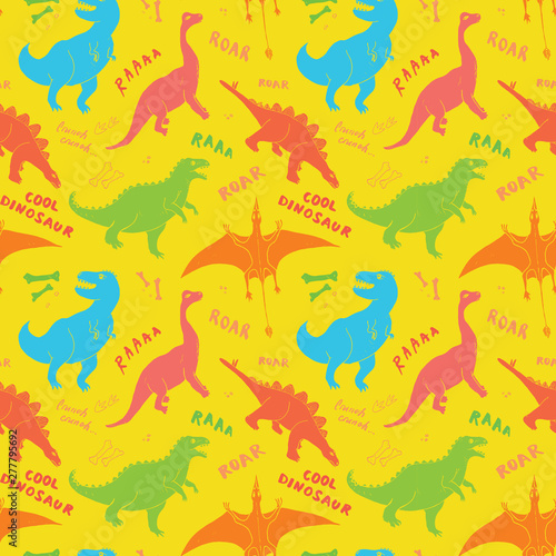 Dino Seamless Pattern  Cute Cartoon Hand Drawn Dinosaurs Doodles Vector Illustration