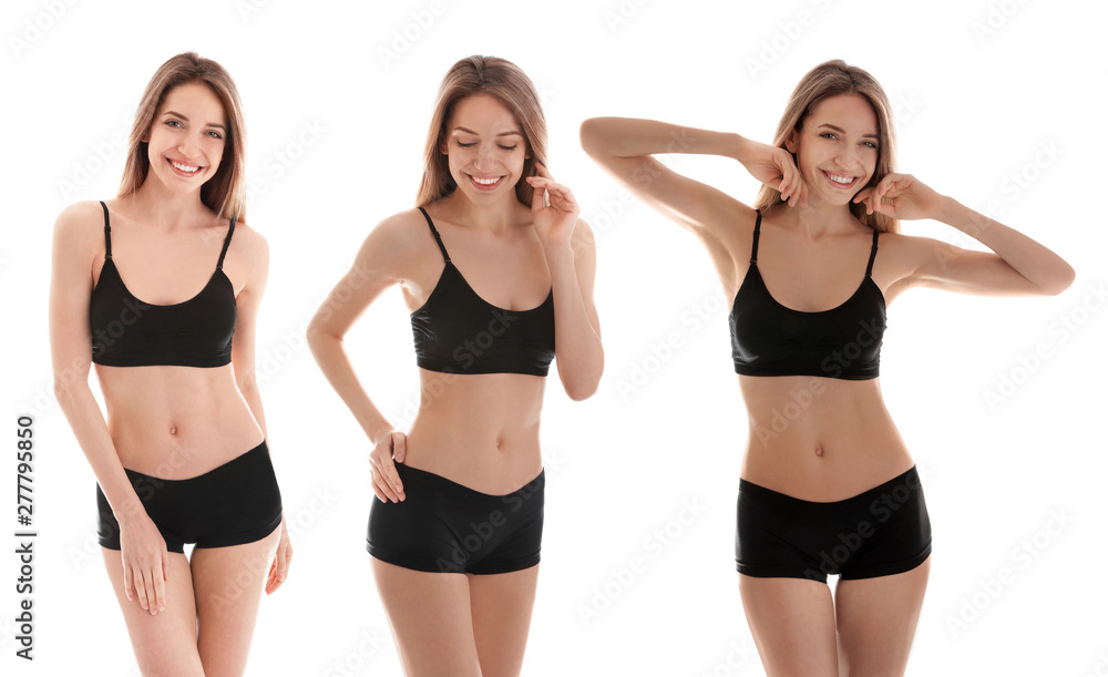Slim young woman with smooth gentle skin on white background. Beauty and body care concept Slim young woman with smooth gentle skin on white background. Beauty and body care concept