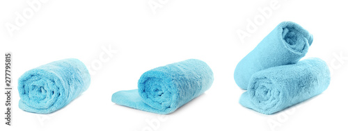 Set of soft terry towels on white background