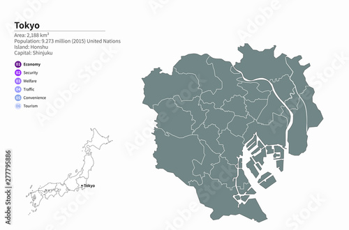graphic vector map of asia countries. tokyo map of japan