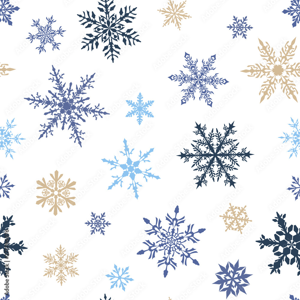 Christmas seamless pattern of complex big and small snowflakes in blue and brown colors on white background Christmas seamless pattern of complex big and small snowflakes in blue and brown colors on white background