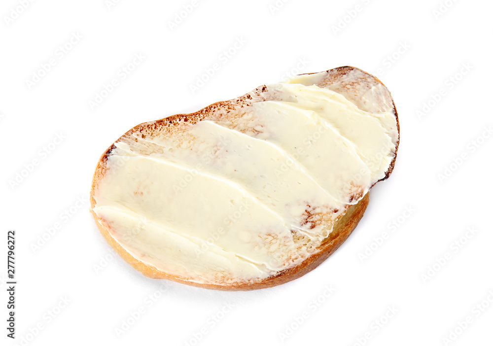 Slice of bread with butter isolated on white, top view Slice of bread with butter isolated on white, top view
