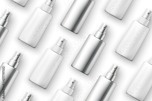 Vector template - realistic cosmetics spray bottles on table, mockup for your package design