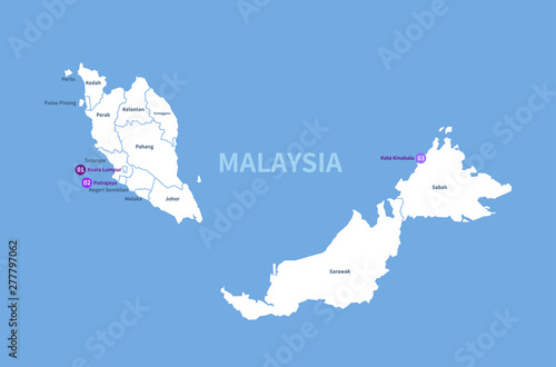 Obraz na plátně graphic vector map of asia countries. malaysia map.