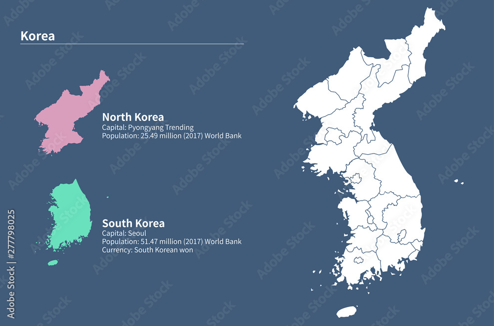 graphic vector map of asia countries. korea province map. 