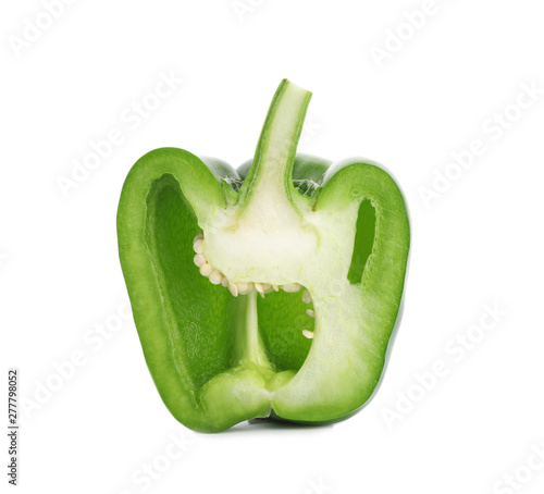 Half of fresh ripe green pepper on white background