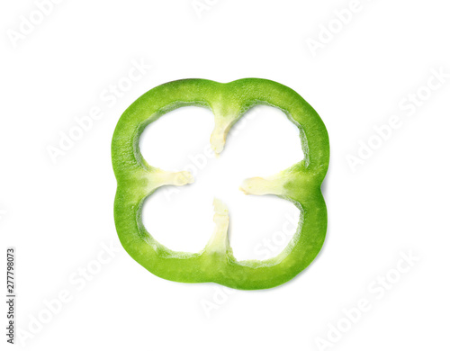 Ring of tasty green bell pepper on white background, top view