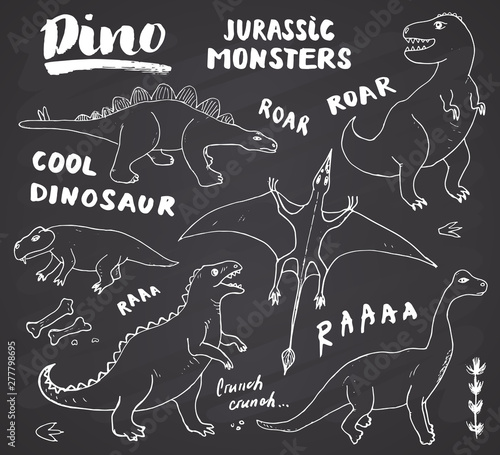 Dino Doodles Set. Cute Dinosaurs sketch and Letterings collection. Hand drawn Cartoon Dino Vector illustration on chalkboard background