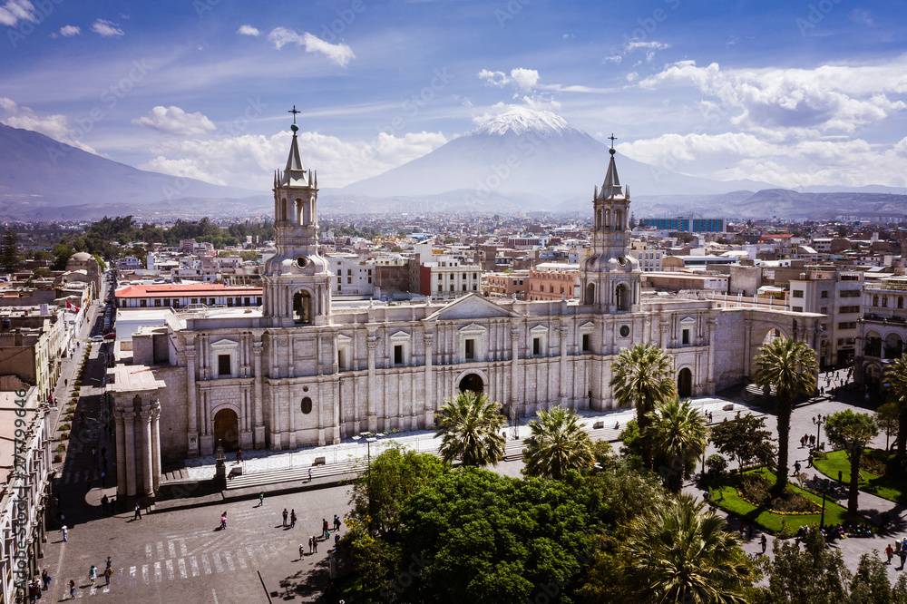 Aerial view of Arequipa cathedral church and the misti volcano as Background