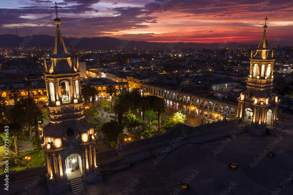Obraz premium Aerial night view of Arequipa main square and cathedral church, in Peru