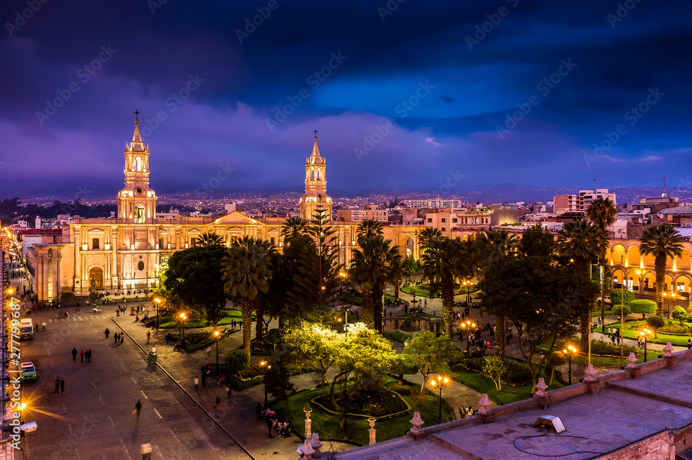 Aerial night view of Arequipa main square and cathedral church, in Peru