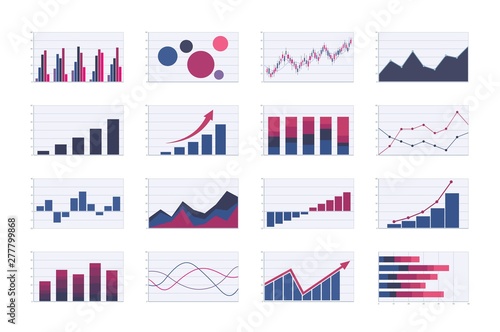 Color business graph and chart set. bar, line, areas, bubble and candlestick graphs. analysis graphic vector images