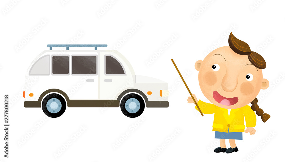 cartoon scene with girl child showing every day car and teaching on white background illustration for children cartoon scene with girl child showing every day car and teaching on white background illustration for children