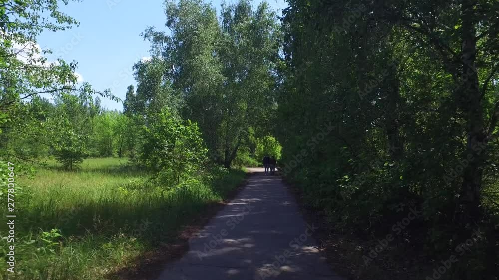 People walking down an overgrown path that was once a street in Pripyat, site of a nuclear disaster People walking down an overgrown path that was once a street in Pripyat, site of a nuclear disaster
