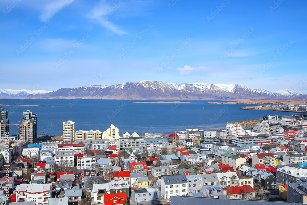Panoramic views of Reykjavik, the sea Bay and the mountains