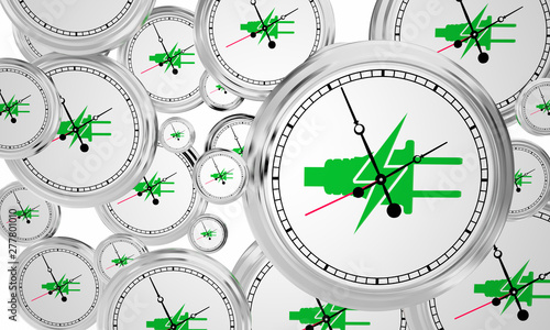 Clean Green Electricity Energy Power Charging Time Clocks Flying 3d Illustration