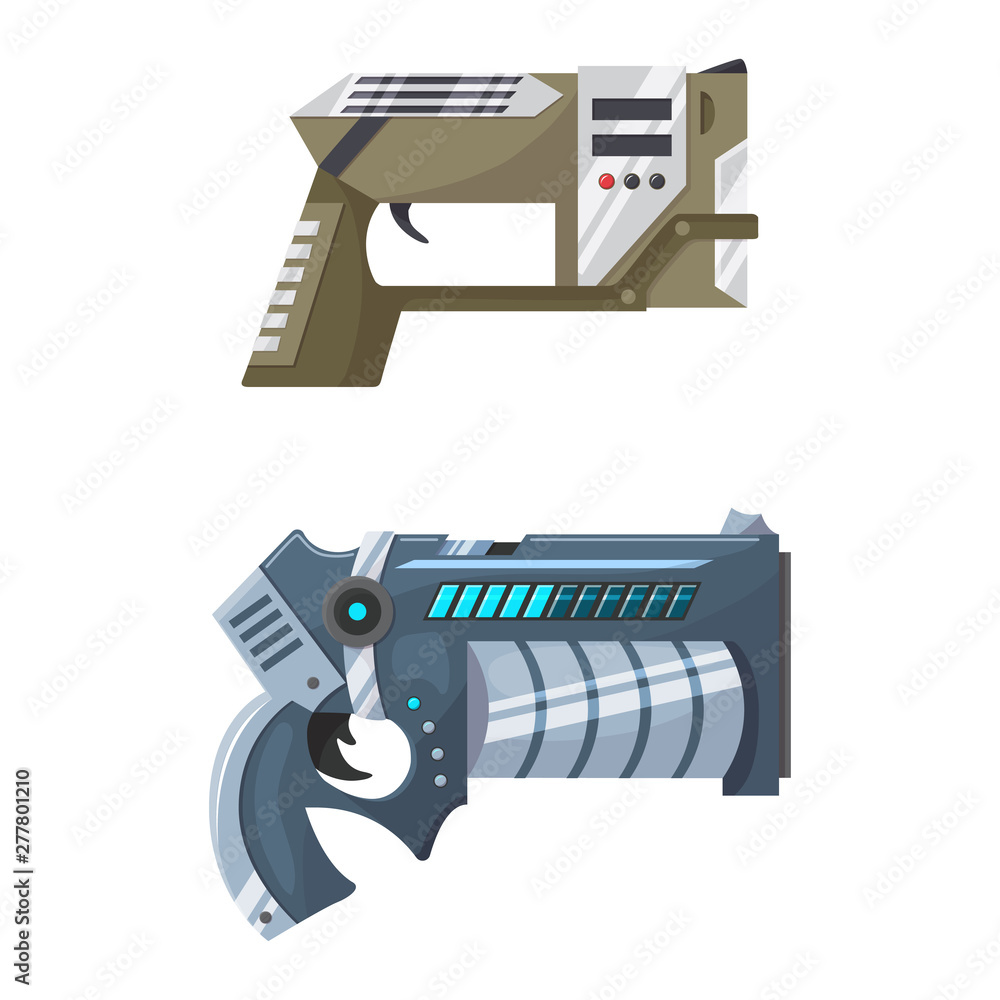 Weapon vector space gun blaster laser gun with futuristic handgun and fantastic raygun of aliens in space illustration set of child cartoon pistols isolated on white background Weapon vector space gun blaster laser gun with futuristic handgun and fantastic raygun of aliens in space illustration set of child cartoon pistols isolated on white background