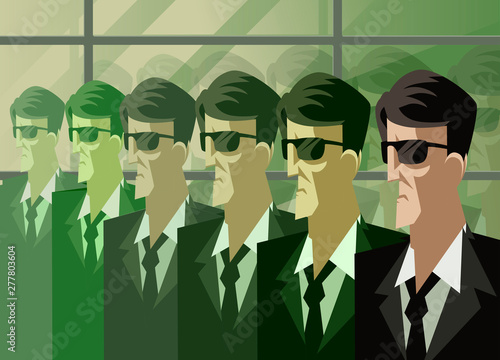 men agents duplicated with glasses in black suits