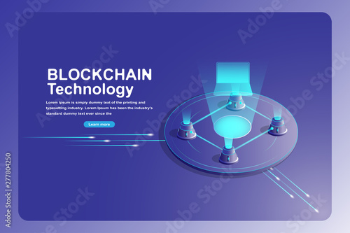 Block chain technology Landing page concept. Isometric 3d of block platform transfer data. 