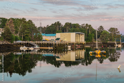Boothbay Harbor Marina, Maine, at sunrise in soft beautiful quiet light on Independence Day