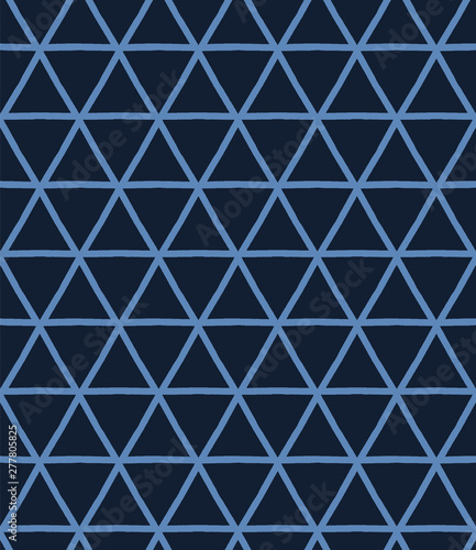 Indigo blue hand drawn mosaic tile seamless pattern. Repeating triangle geometric. Monochrome surface design textile. Japanese style dyed batik all over print. Retro trendy masculine vector swatch.