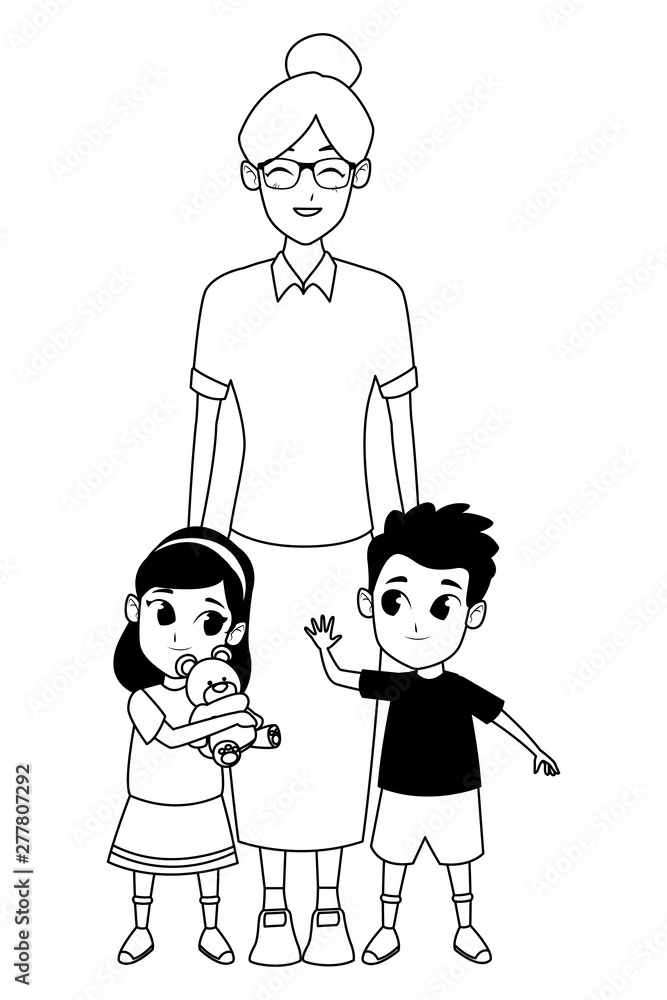 Family grandmother with grandchildren cartoon in black and white Family grandmother with grandchildren cartoon in black and white