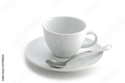 Empty white coffee cup and saucer and spoon isolated on a white background
