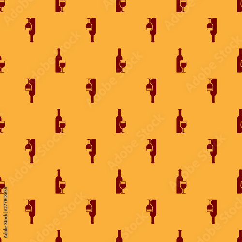 Red Wine bottle with wine glass icon isolated seamless pattern on brown background. Flat design. Vector Illustration
