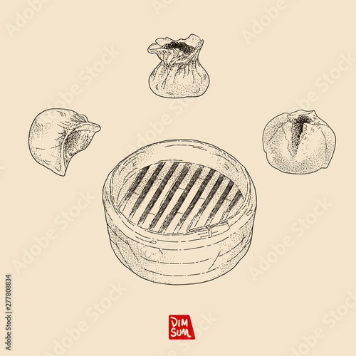 Vector illustration sketch - Dim Sum. Boiled dumpling. Steamed dumpling. BBQ Pork Bun. Vintage design. Illustration used by dots and lines, easy using on the different background.