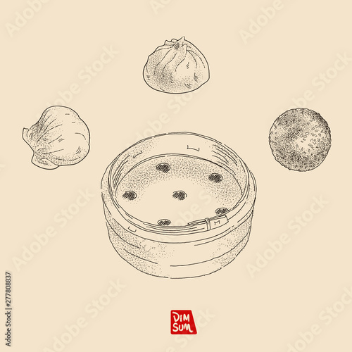 Vector illustration sketch - Dim Sum (Yum Cha). Include (Shrimp dumpling / Soup dumpling / Rice sesame ball) Vintage design. used by dots and lines, easy using on the different background.