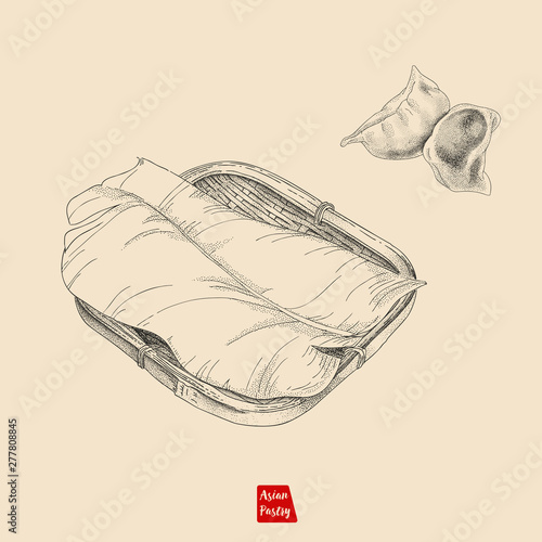 Vector illustration sketch - Fried dumpling and bamboo plate. Vintage design. Illustration used by dots and lines, easy using on the different background.