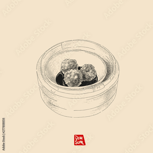 Vector illustration sketch. Dim Sum. Steamed meatballs. Hand drawn with vintage style.