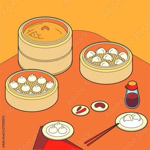 Vector isometric illustration sketch. Popular Asia food Dim Sum set collection. Included Bun and Dumpling.