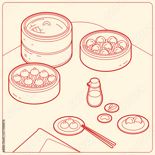 Vector isometric line illustration. Popular Asia food Dim Sum set collection. Included Bun and Dumpling.