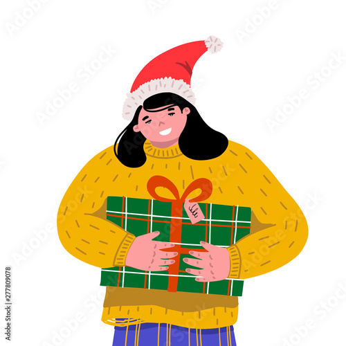 Christmas and Happy New Year templates. The girl hugs the gift tightly. Woman holding a Christmas box.