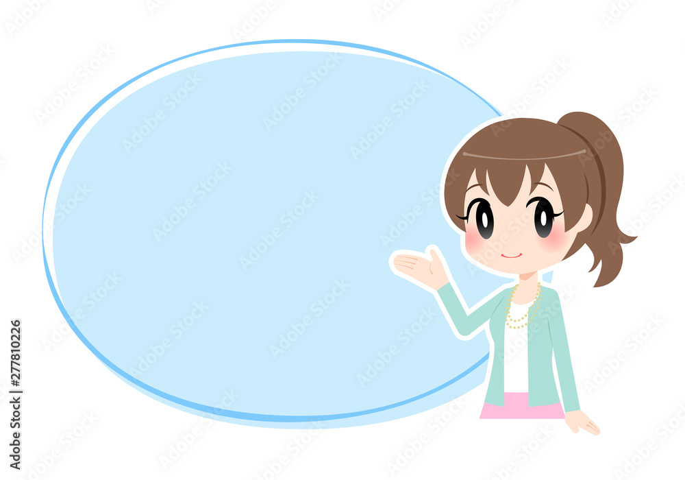 右手を軽く挙げる女性と水色の枠 右手を軽く挙げる女性と水色の枠