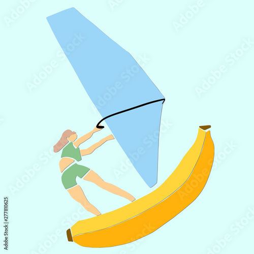 Young woman windsurfer on windsurf banana. Healthy vegetarian food and active lifestyle cartoon. Applique or paper cut style. Colorful vector illustration.