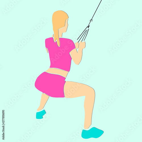 Sporty woman has a weight training or strength exercise. View from the back. Fitness concept abstract colorful illustration. Vector sport cartoon. Applique or paper cut style.