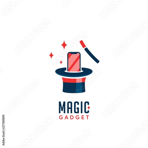 Magic gadget logo with phone pop up from magician hat after knocked with magic stick trick icon logo vector design