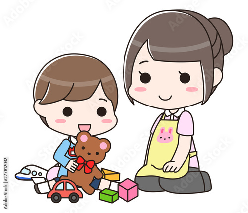 遊んでいる男の子と見守る女性の先生