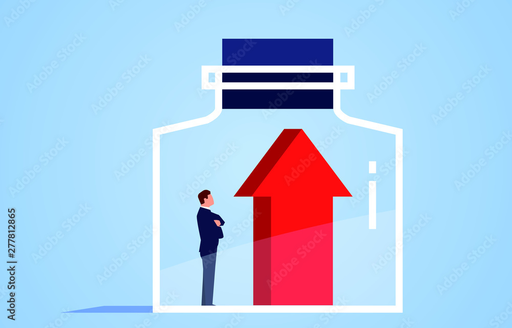 Businessman and arrow are closed inside the glass bottle Businessman and arrow are closed inside the glass bottle