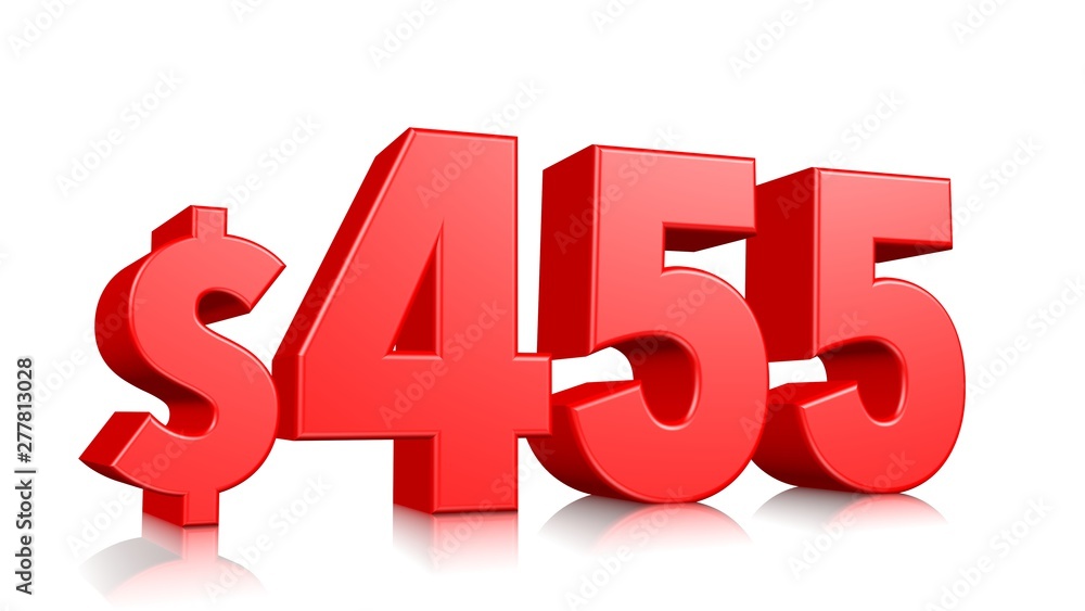 455$ Four hundred and fifty five price symbol. red text number 3d render with dollar sign on white background 455$ Four hundred and fifty five price symbol. red text number 3d render with dollar sign on white background