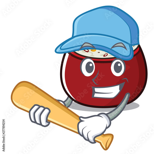 Playing baseball curd rice served in mascot bowl