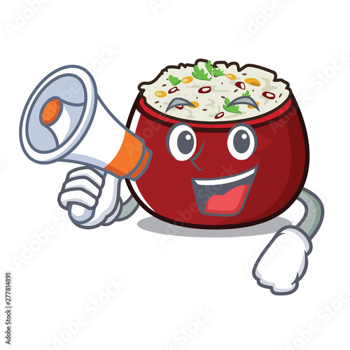 With megaphone curd rice served in mascot bowl