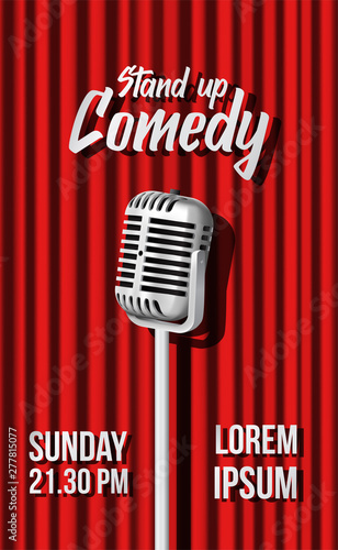 3D realistic standing vintage microphone illustration with red curtain for stand up comedy show